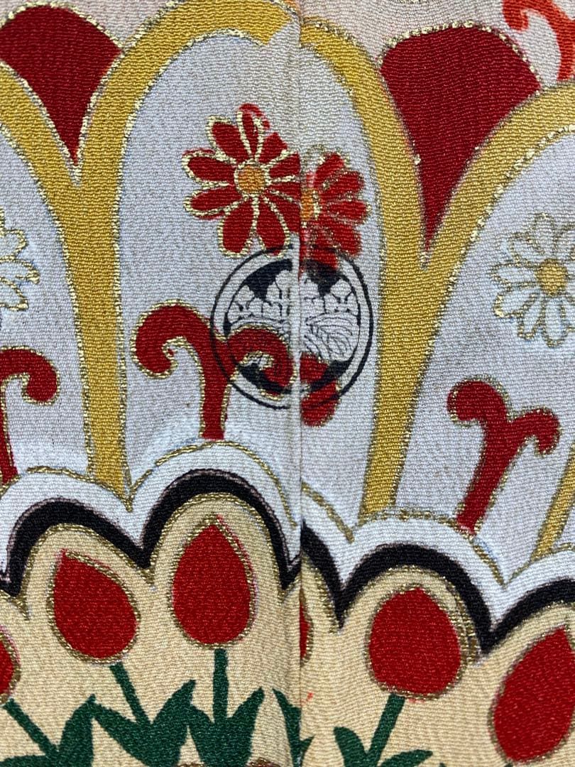 アンティーク 振袖 金駒 金彩 鶴 正絹 身丈168cm 紋付 袖比翼付き