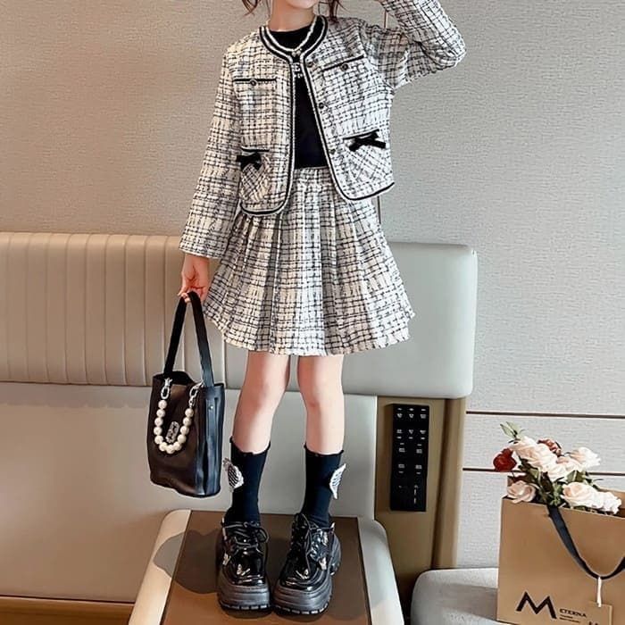 小学生 セットアップ キッズ 女の子 ツイード スカートスーツ フォーマル ガー リボン スカート 春秋冬 通学 ジャケット 2点セット おしゃれ nee3c301362