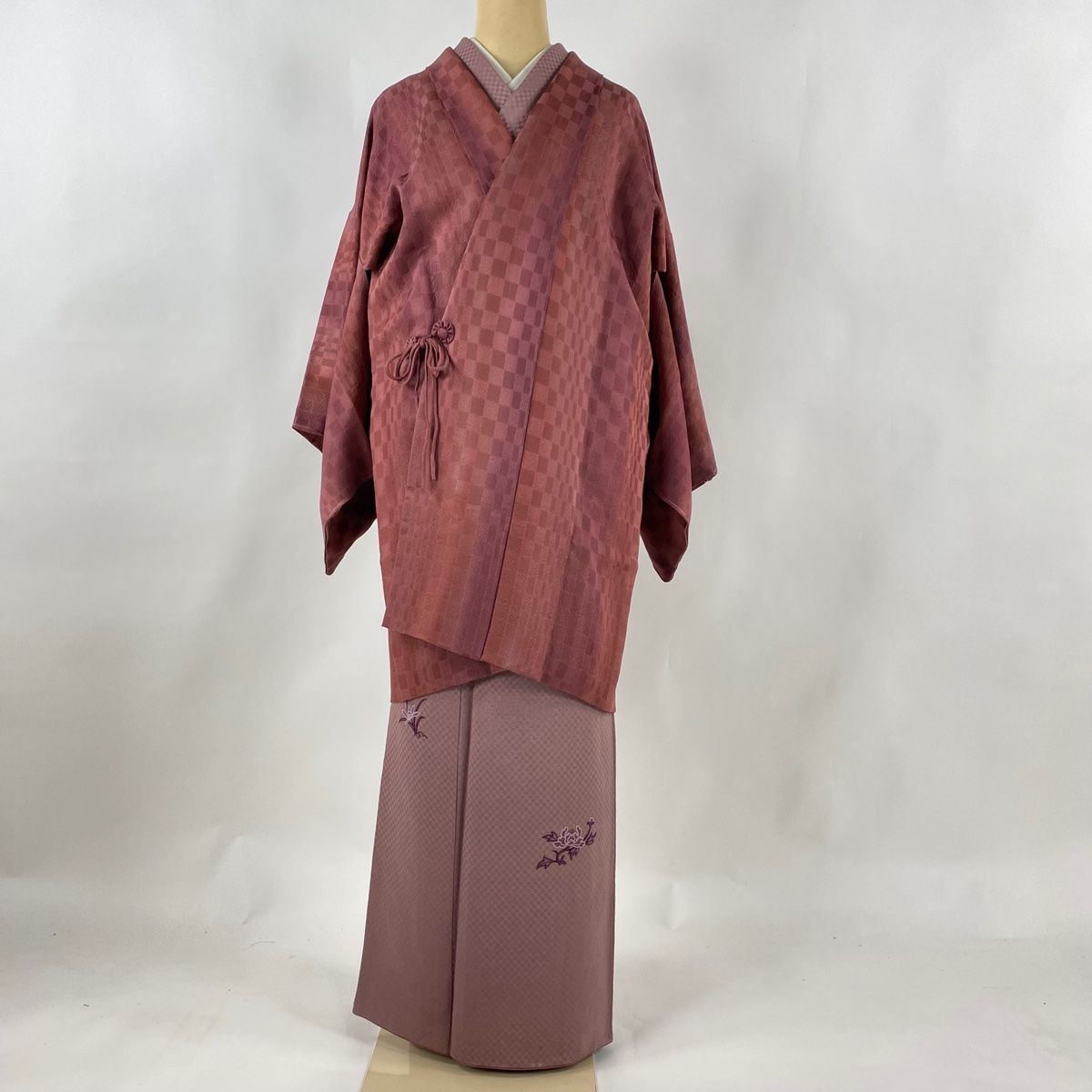 道中着 身丈90cm 裄丈67.5cm L 和装コート 紬地 縞 灰緑 正絹 美品  