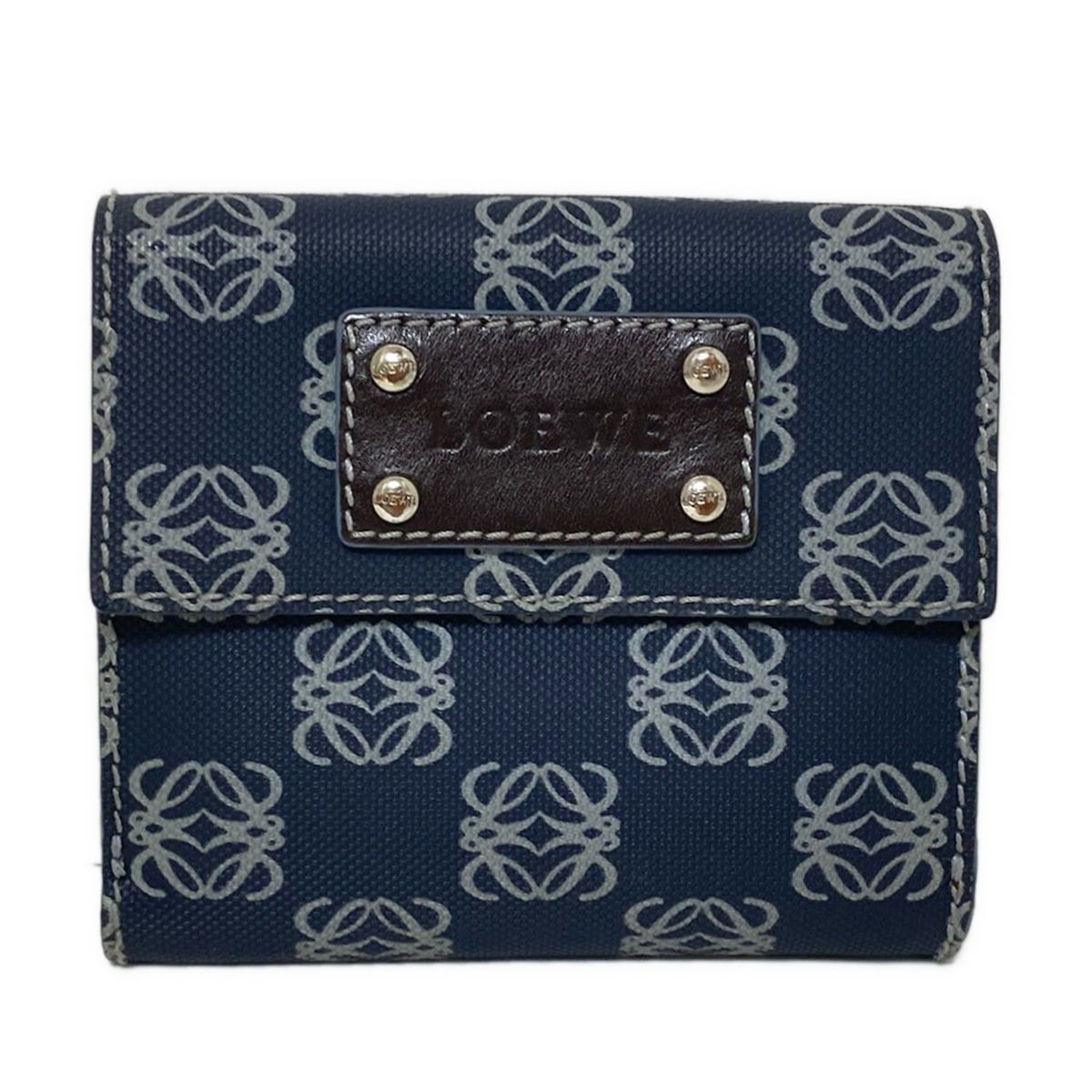 LOEWE(ロエベ) Wホック財布 アナグラム柄 ダークネイビー×ライトグレー×ダークブラウン レザー