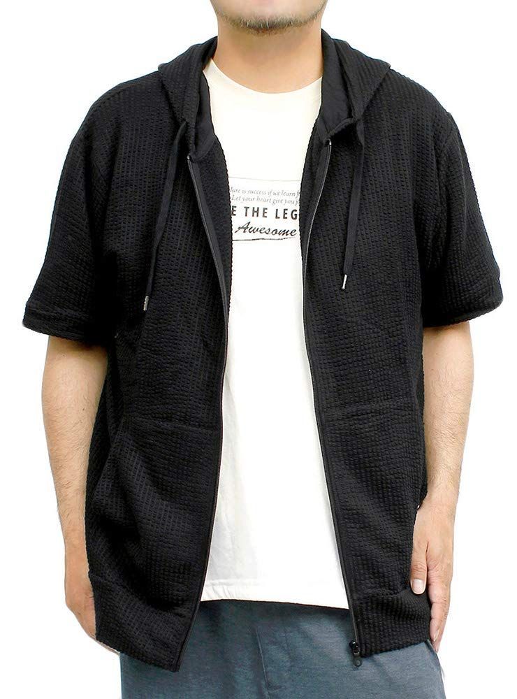 3XL_ブラック [ワン カラーズ] 半袖 長袖 パーカー メンズ 大きいサイズ ジップアップ シアサッカー ストレッチ サマージャケット 3L ブラック(半袖)