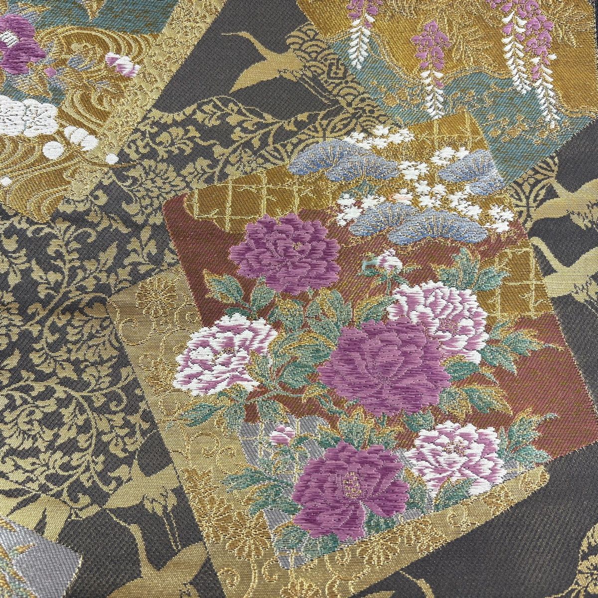 袋帯 美品 名品 じゅらく 落款 色紙 草花 金銀糸 箔 灰色 お太鼓
