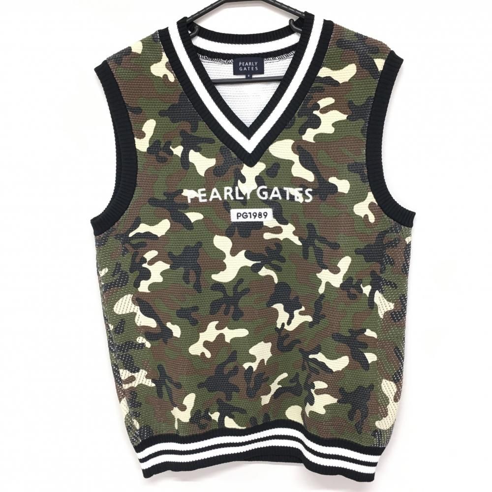 美品】パーリーゲイツ ニットベスト カーキ×黒 カモフラ 迷彩