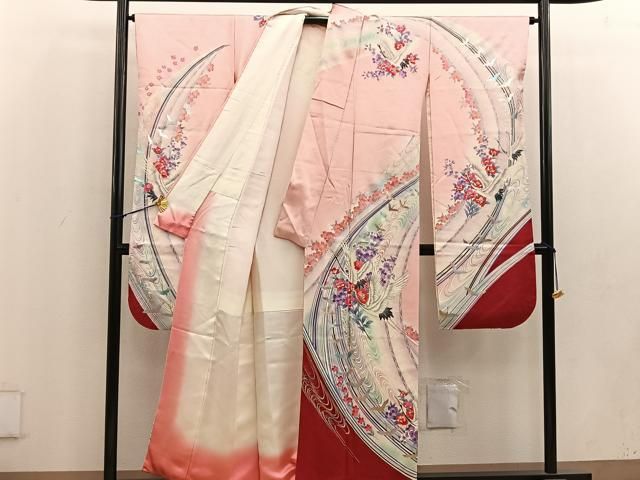 (あ694)珍品‼️縮緬 型染めアンティーク振袖㊗️青海波 鶴 松柄扇 鼓 ✨ 赤地裾黒 青海波柄 正絹振袖【168】 – SAKURA TOKYO