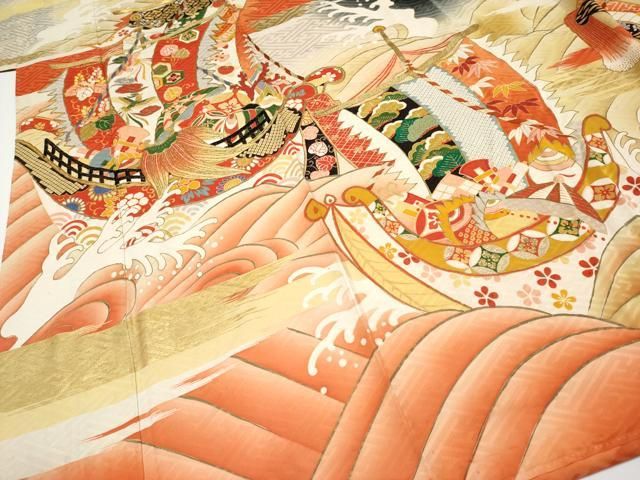 平和屋本店□極上 アンティーク 大正ロマン 振袖 駒刺繍 宝船 暈し染め