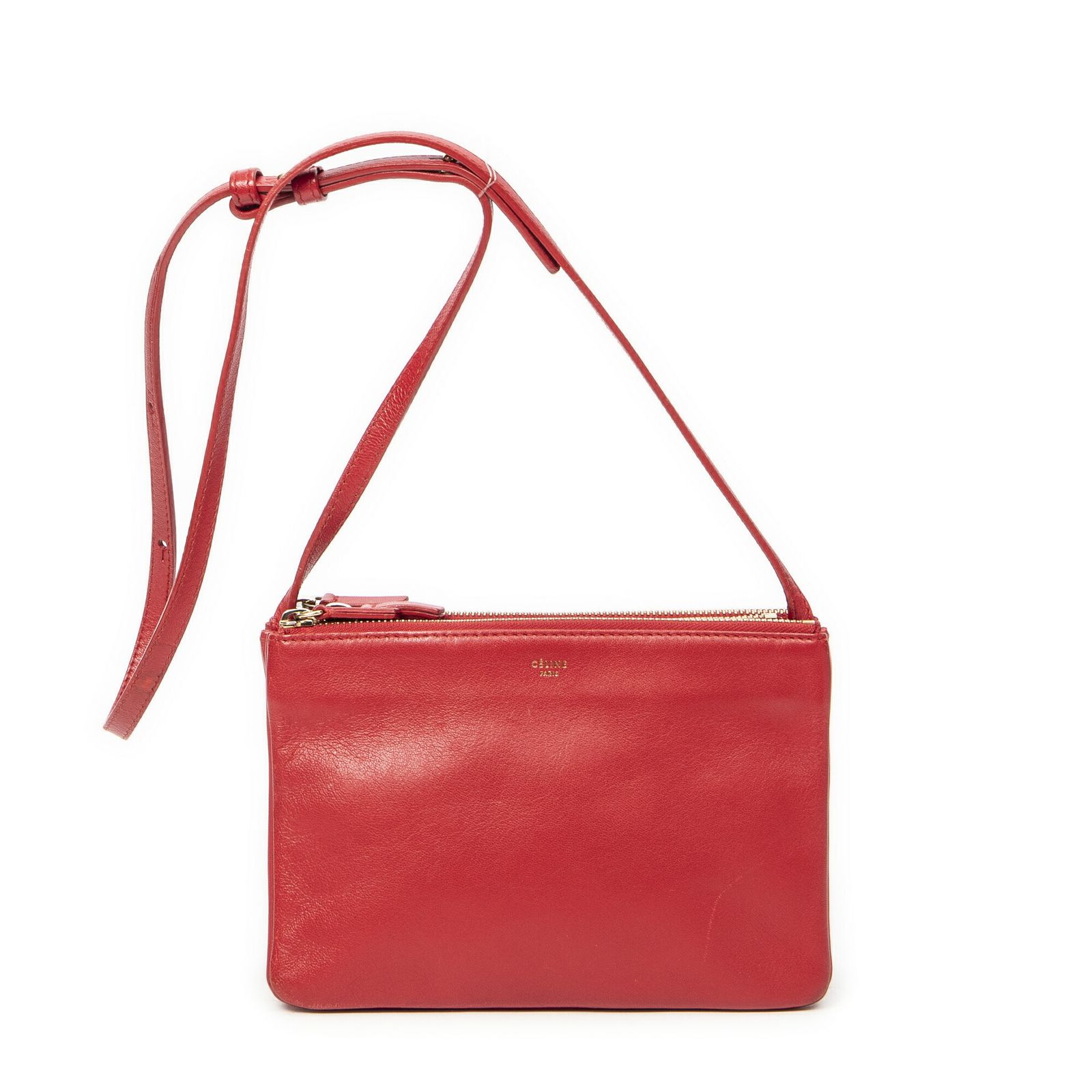 CELINE セリーヌ小トリオクロスボディ赤カーフスキンレザーAB