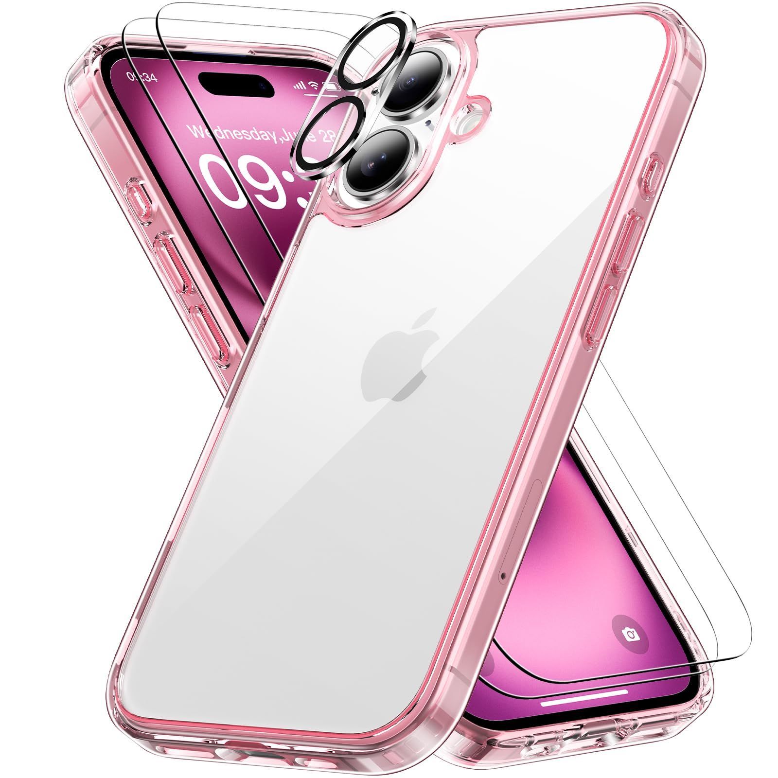 【在庫処分】iPhone 16 ケース クリア レンズ保護2枚とガラスフィルム2枚付き 耐衝撃 Peakally アイフォン16 用 スマホケース [黄ばみにくい][傷つけ防止] [滑り止め]全面保護 ワイヤレス充電対応 