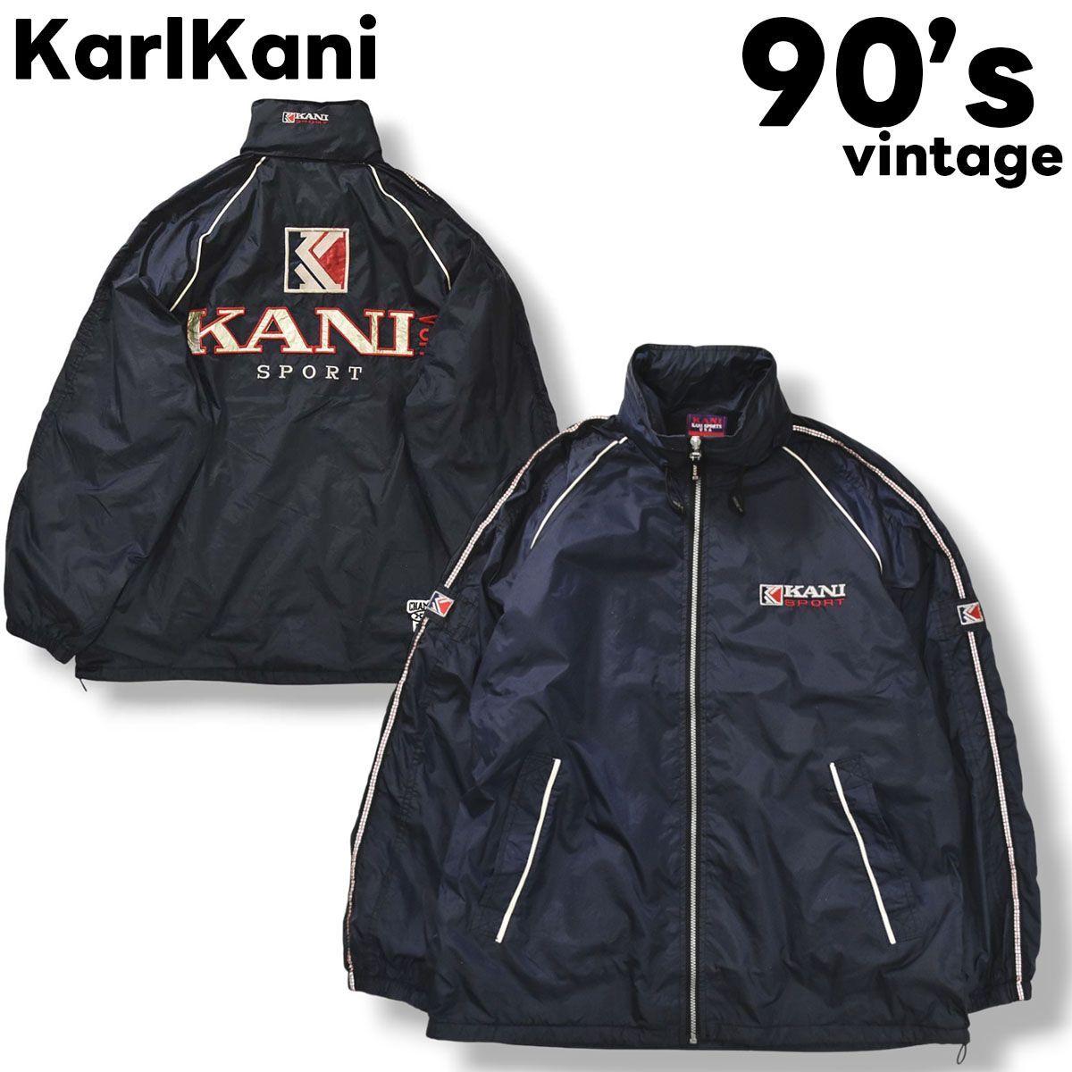 90sヴィンテージ カールカナイ KarlKani バック刺繍ロゴ フルジップアップ ナイロンジャケット ウィンドブレーカー 裏起毛 ネイビー メンズ