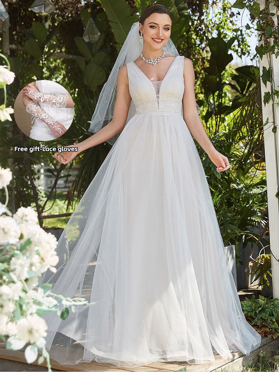 Vネック ノースリーブ ウエディングドレス 2025 夏用 シンプル 森系 超仙气 公主风 齐地丈-10.13