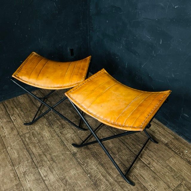 レザーフォールディング スツール 2点セット 折りたたみチェア 本革 約48.5×39×47cm レザークラフト キャメル系 椅子 301637