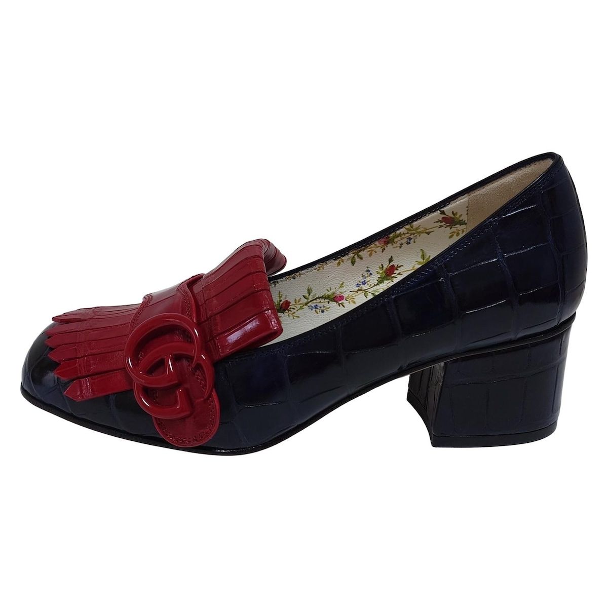 グッチ パンプス レディース - ダークネイビー×レッド 型押し加工 フリンジ ダブルG イニシャル刻印 ネーム刻印 オーダーメイド