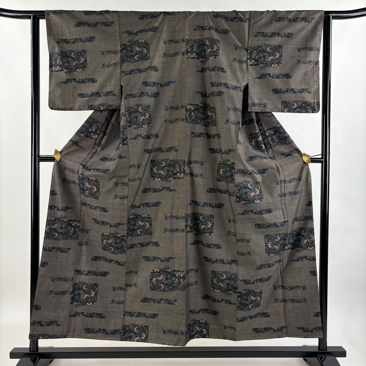 大島紬 身丈154cm 裄丈63cm S 袷 草花 鳥 焦茶色 正絹 美品 秀品