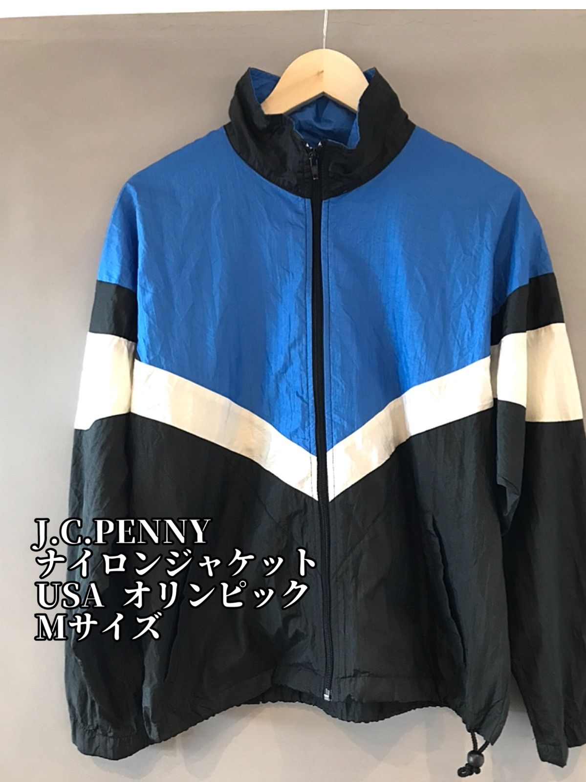 80~90s USAオリンピック J.C.PENNEY ナイロンジャケット 青 × 白 × 黒 Mサイズ