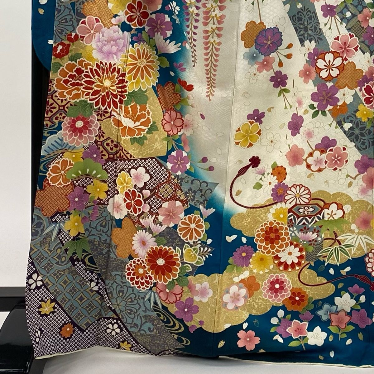 振袖 身丈171cm 裄丈68cm L 袷 松竹梅 菊 銀通し 金彩 青緑 正絹