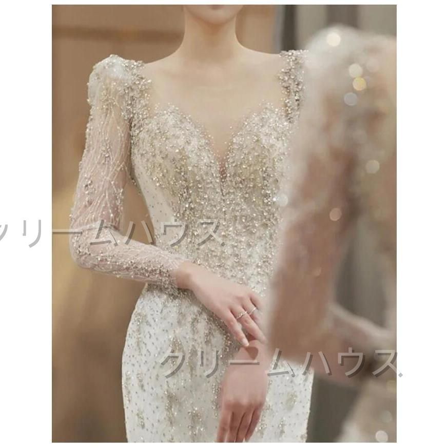 新しい♥ ウェディングドレス マーメイドドレス 長袖 背開き トレーンドレス 花嫁ドレス 結婚式ドレス キラキラ 素敵 キレイめ 感