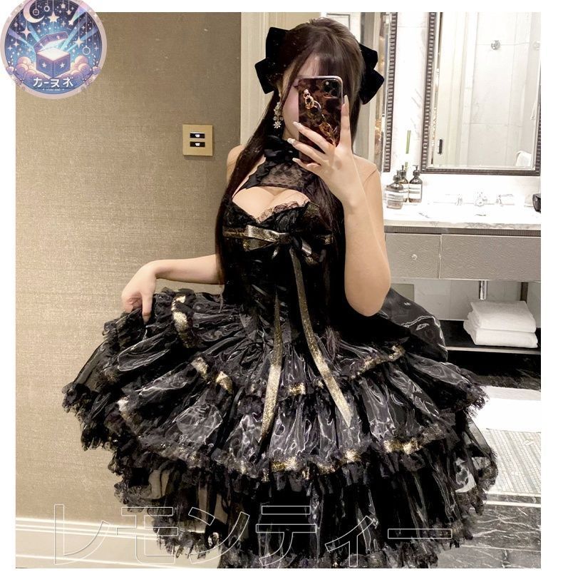 星 初吻?? JSK 黒 白 2色展開 ゴシック 甘ロリ風 Lolita ワンピース 豪華リボン付き ハイウエストスカート 推し活 コスプレ