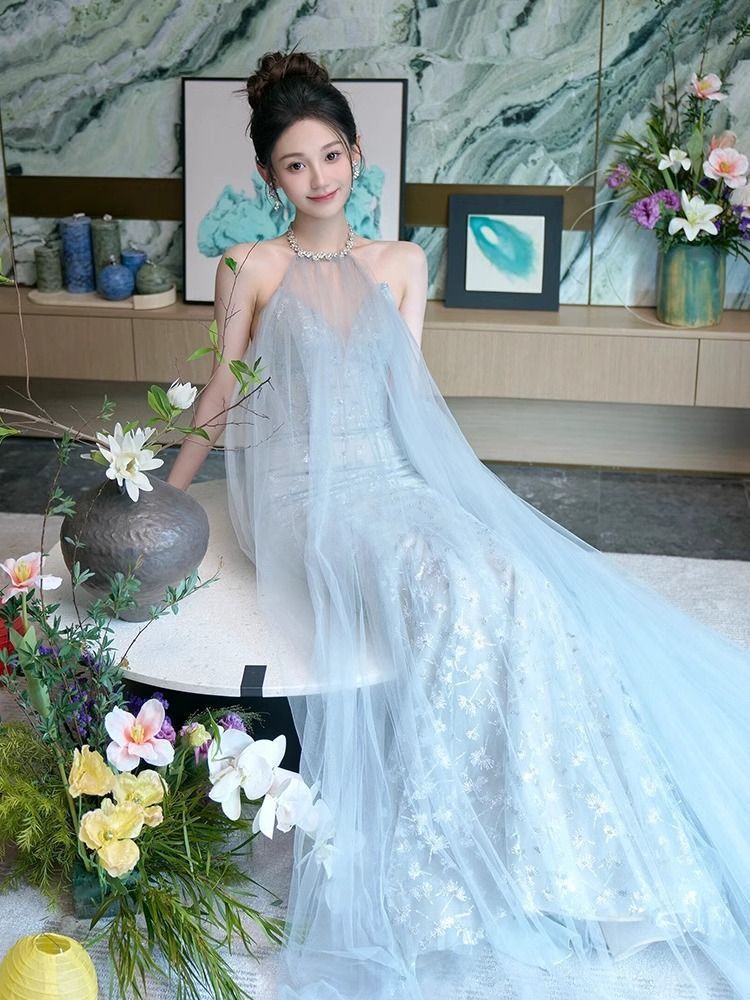 ウェディングドレス レディース フレンチ風 ローブデコルテ ライトブルー ハイウエスト Aライン 二次会 結婚式 婚約パーティー 軽奢華 フォトウェディング ドレス