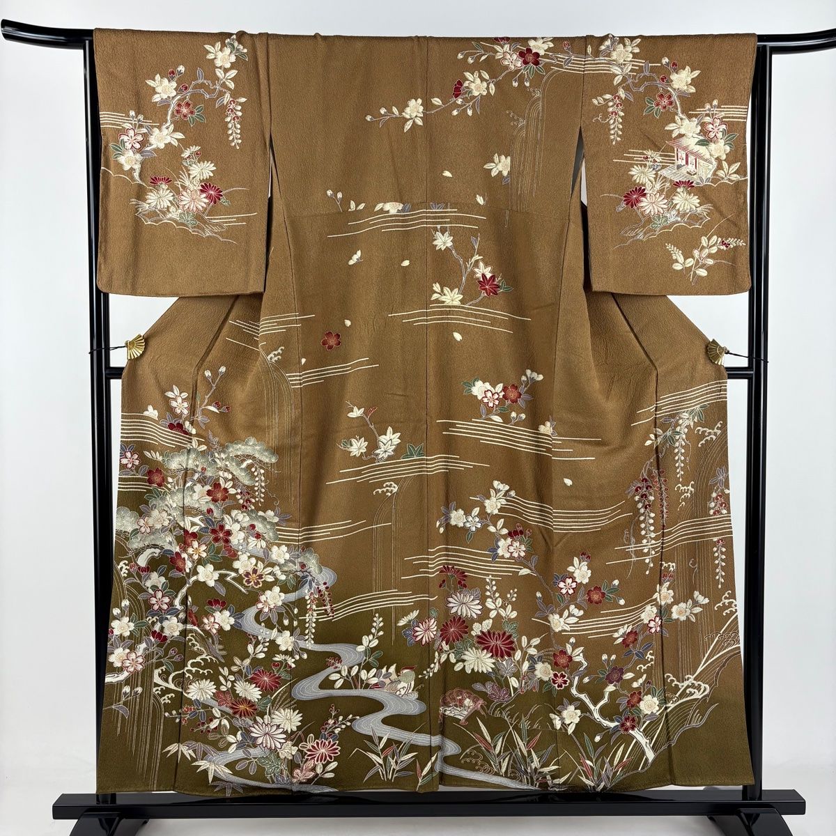 訪問着 身丈155.5cm 裄丈66cm M 袷 桜 流水 金糸 金彩 茶色 正絹 秀品