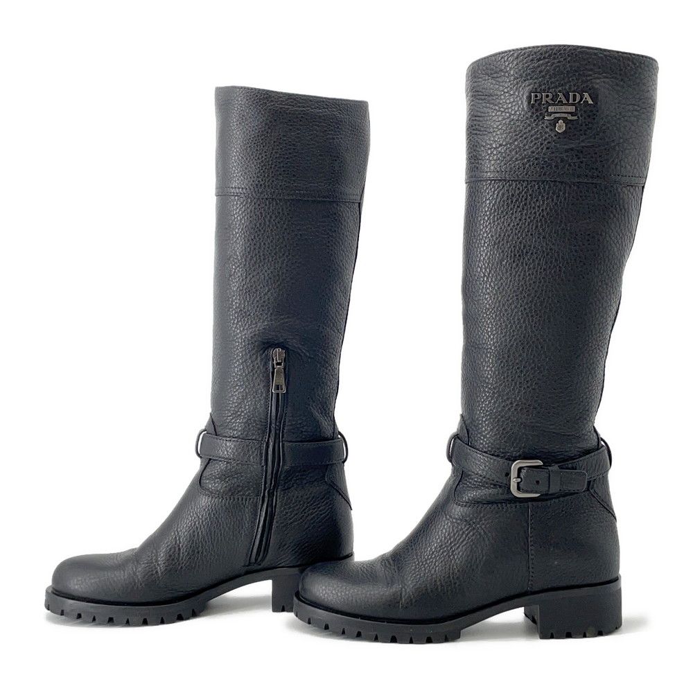 プラダ ブーツ レザー ロゴ レディースサイズ37 1|2 PRADA 靴 ロングブーツ 黒