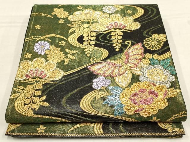 平和屋着物▽振袖用六通柄袋帯 流水花蝶文 金銀糸 正絹 逸品