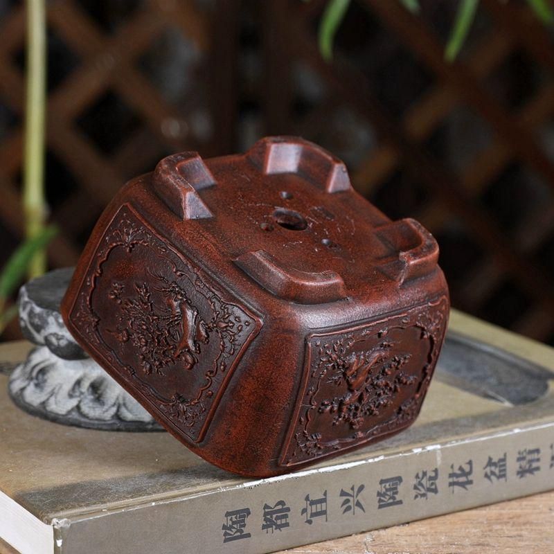 中国宜興紫砂鉢 鉄画軒四景図花窓円角大方緑