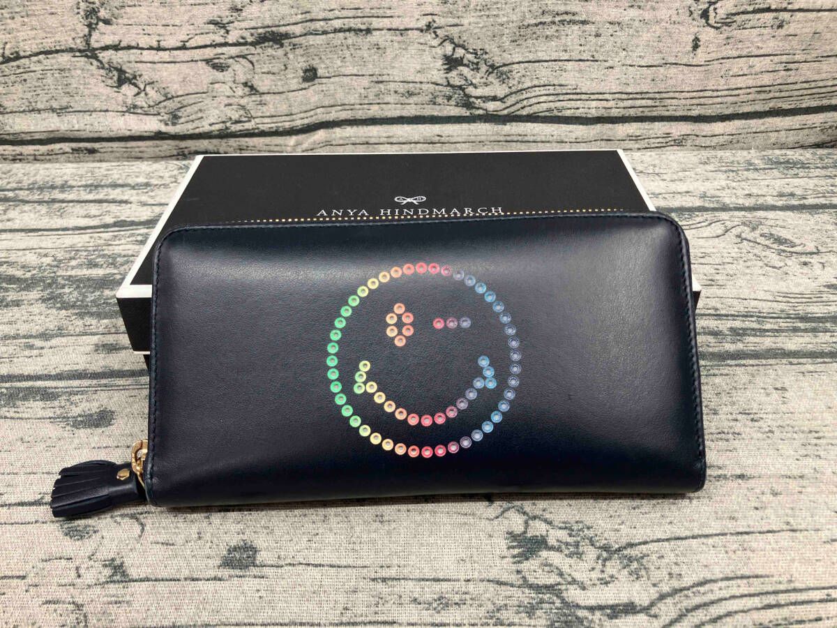 き ANYA HINDMARCH アニヤ ハインドマーチ ラウンドファスナー付 ネイビー すまいる 長財布