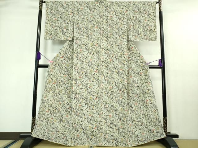 平和屋着物□極上 小紋 型染 草葉文 砂色地 鬼しぼ縮緬 逸品 未使用  