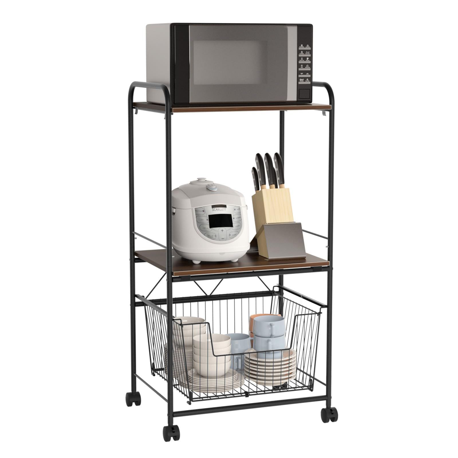 商品 ブラック 簡単組立 DEWEL 移動 掃除便利 キャスター付き 2段棚 1バスケット 幅50cm 物置ラック ラック キッチン収納 レンジラック キッチン棚 レンジ台