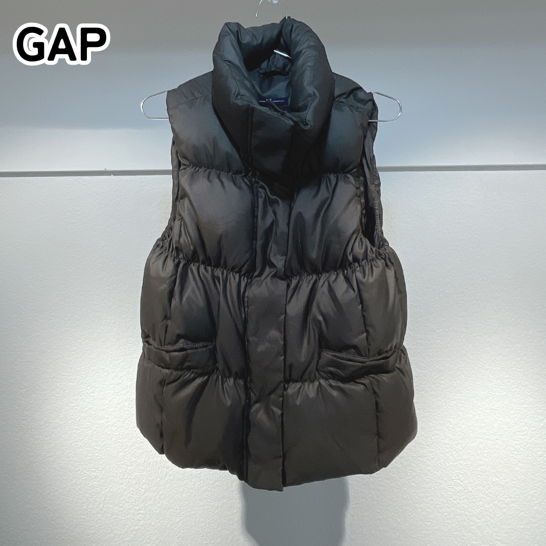 GAP ギャップ L こげ茶 ワイドカラーダウンベスト フルジップアップ フライフロント 内ポケット