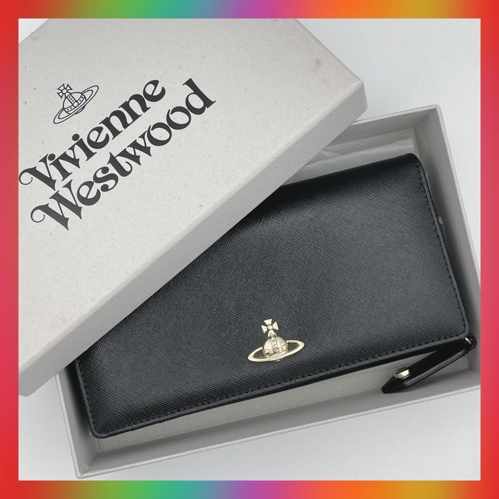 ヴィヴィアン ウエストウッド 長財布 Vivienne Westwood サフィアーノ レザー オーブ モチーフ ブラック ロング ウォレット 牛 革 箱なし