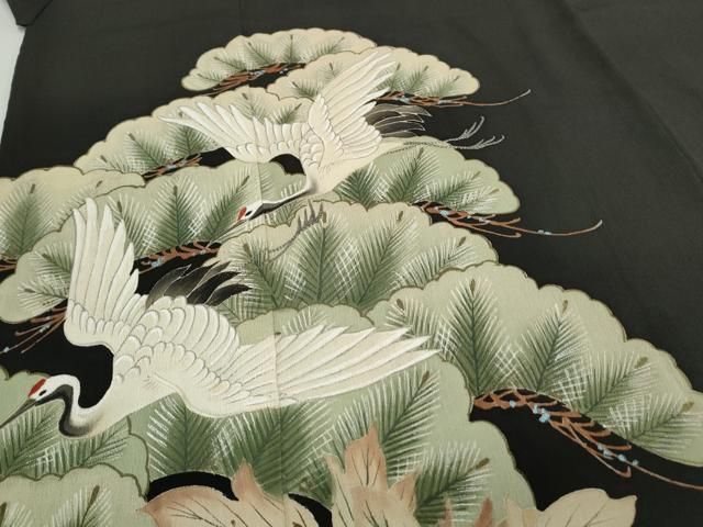 平和屋着物○アンティーク 大正ロマン 豪華黒留袖 散歩着 手描き 飛鶴