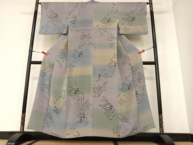 平和屋着物○上質な小紋 渡橋花文 杜若 暈し染め 鬼しぼ縮緬 正絹 逸品