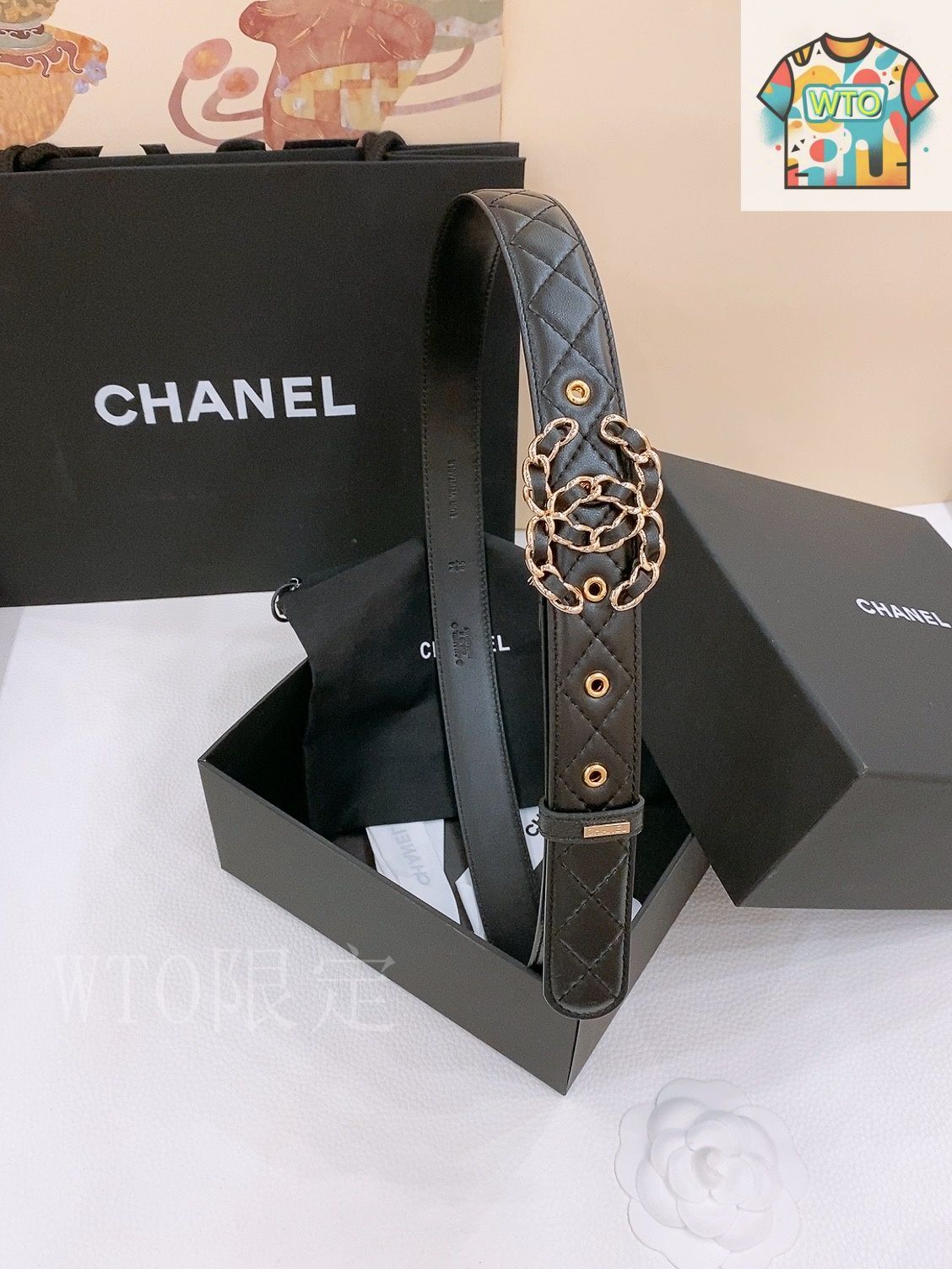 CHANEL 黒レザーベルト 金色バックル 今日特価】Chanel シャネル レザーベルト - メルカリ
