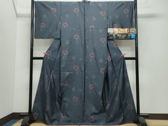 平和屋着物○訪問着 紬地 型染め 飛鶴草花文 金彩 正絹