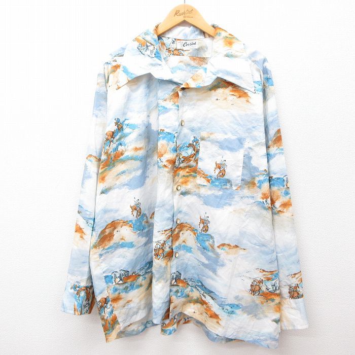 XL/古着 長袖 シャツ メンズ 70s 馬 開襟 オープンカラー 薄紺 ネイビー 24jul13 中古 トップス
