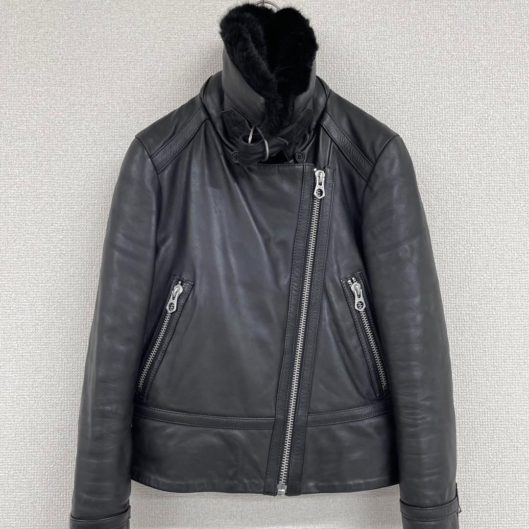 DENHAM デンハム ライダースジャケット ダブル ファー 牛革 レザー 黒