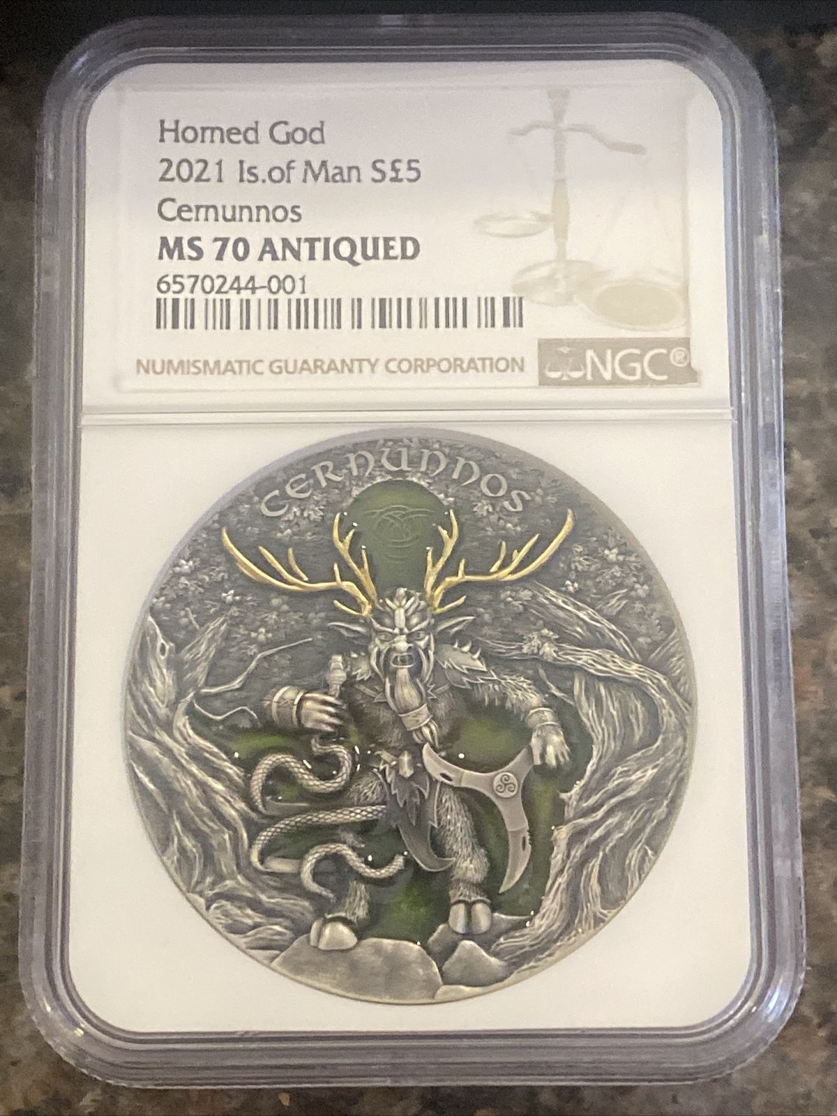 2021 $5 Niue Hned God CERNUNNOS Antique Finish 2 Oz Silver Coin. MS70 NGC