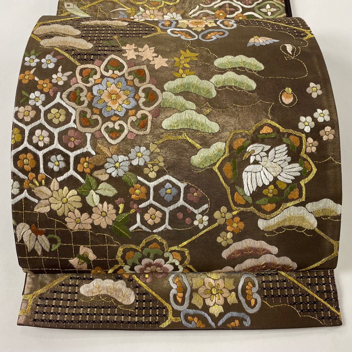 袋帯 美品 逸品 華文 花鳥 金糸 刺繍 金色 六通 正絹 【中古