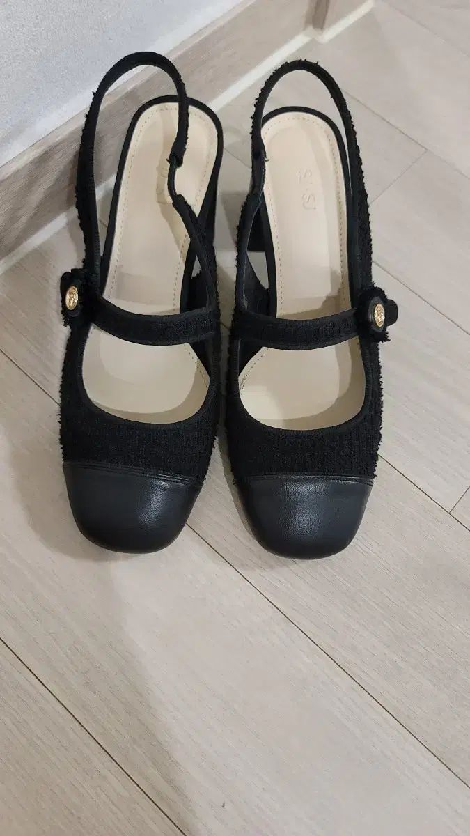 SJSJ ブラック ツイード メリージェーン ヒール パンプス 235