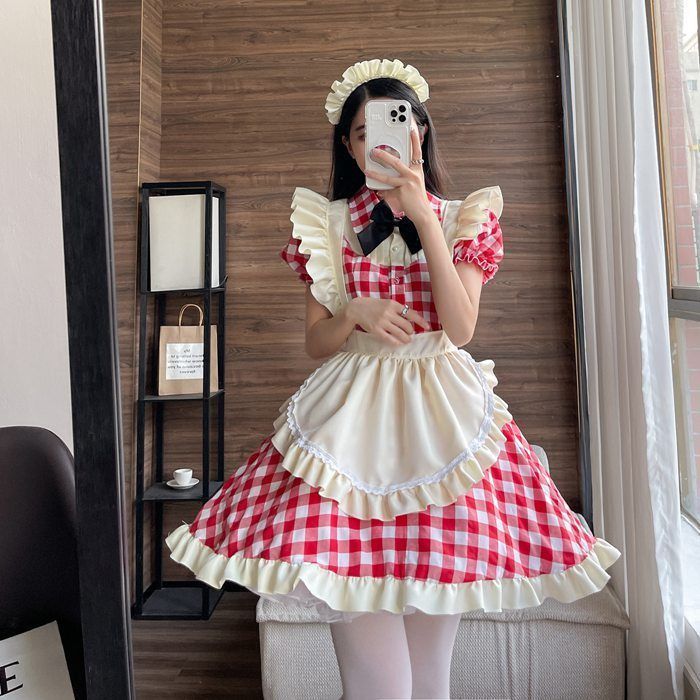 メイド服 チェック柄 喫茶店 レッド ブラック コスプレ ワンピース ロリータ 半袖 日常 萌え ハロウィン 仮装 レディース セクシー 蝶結ぶ 衣装 可愛い 大人用 luolita09