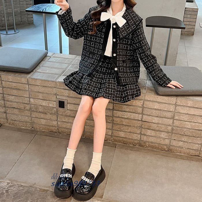 小学生 セットアップ キッズ 女の子 パールポーチ付き ビッグ襟 音楽会 入園式 プリーツスカート ジャケット 卒園式 卒業式 発表会参観日 入学式 結婚式 am5a984733