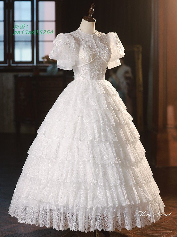 ウェディングドレス ロングドレス レース プリンセスドレス Aラインドレス 半袖 二次会 前撮り 花嫁 パフスリーブ ウエディングドレス ブライダル 結婚式 pai5a415264