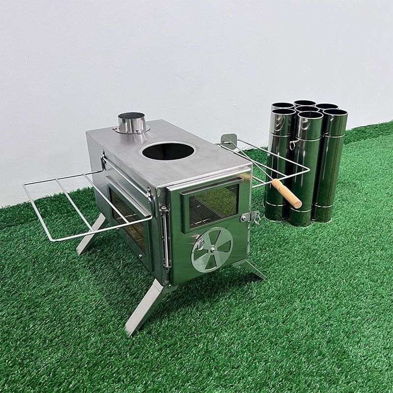薪 ストーブ アウトドア 調理器具 暖炉 キャンプ 折りたたみ テント 煙突付き 3面の耐熱ガラス窓 組立式 焚き火台 シルバー ステンレス製 OLIVEOS_COM_TR