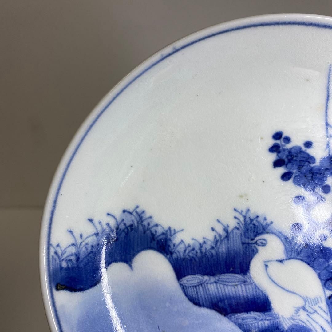 江戸中期 藍九谷上手鷺の図中皿 木箱付 幅約14.5㎝ 東Y6-0910