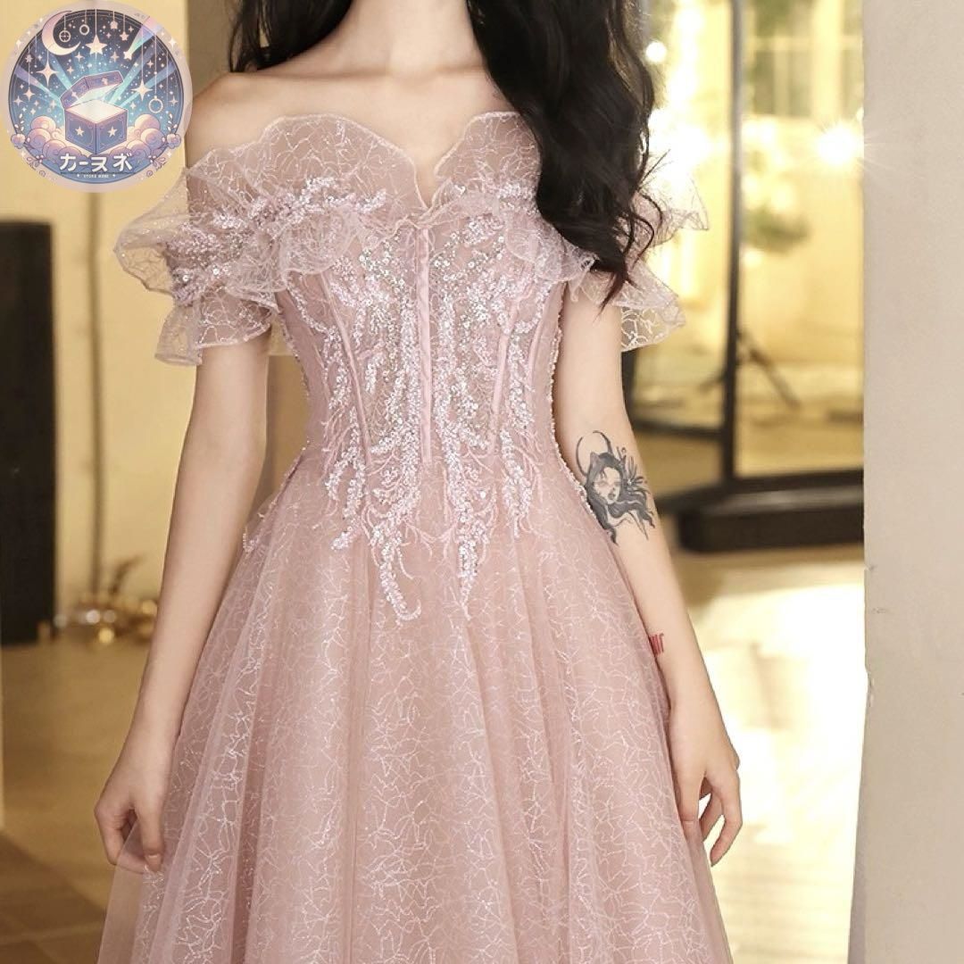 シンプルオシャレなフリルのオフショル イブニングドレス♩.• 新品未使用 オシャレなデザイン フリルのオフショル イブニング