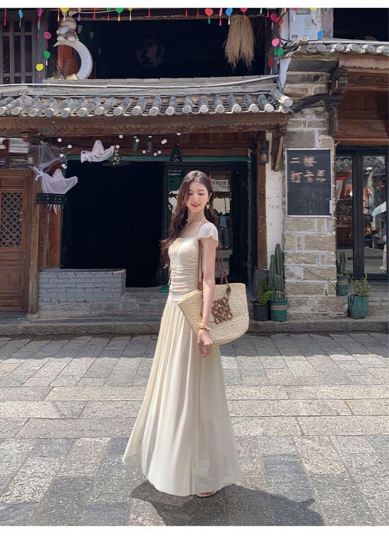 春のスクエアネックスカートモテ服ロングワンピ上品セクシー高見えアイテム