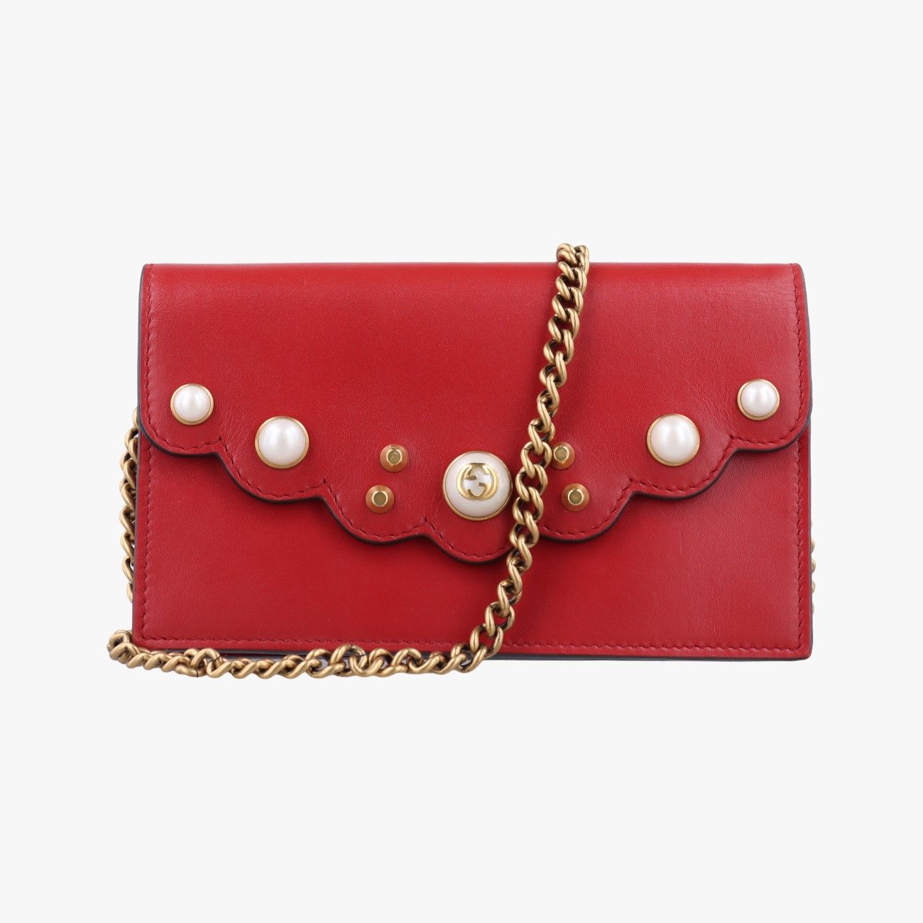 グッチGucciピオニー パール スカラップ レッド レザー 431478