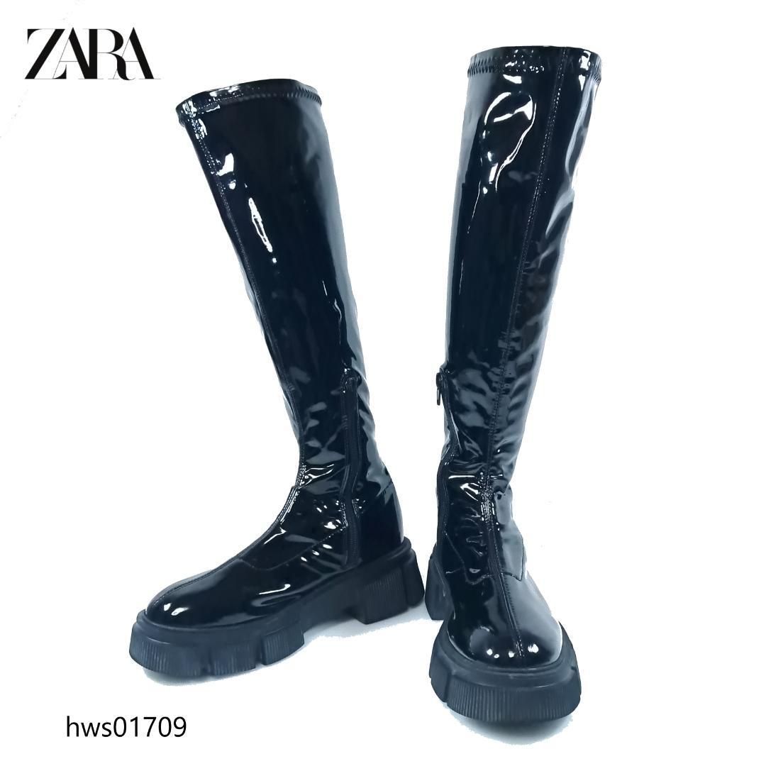 極美品 ZARA 本革 サイドゴア 厚底ブーツ サイドジップ 38 黒 厚底 サイドゴアブーツ ひく 38 ZARA