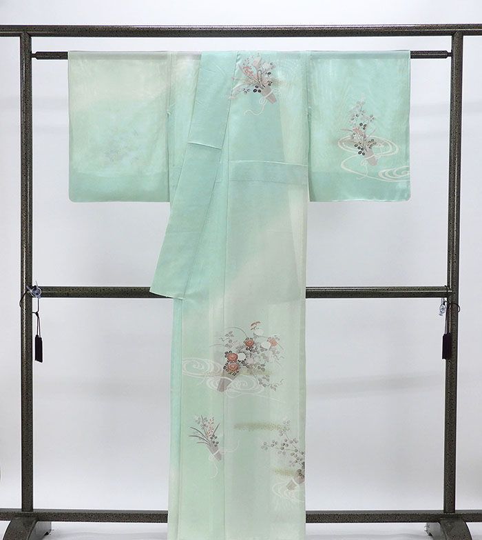 夏物 絽訪問着 未使用 正絹 四季花観世水 身丈159.5cm 裄丈64cm