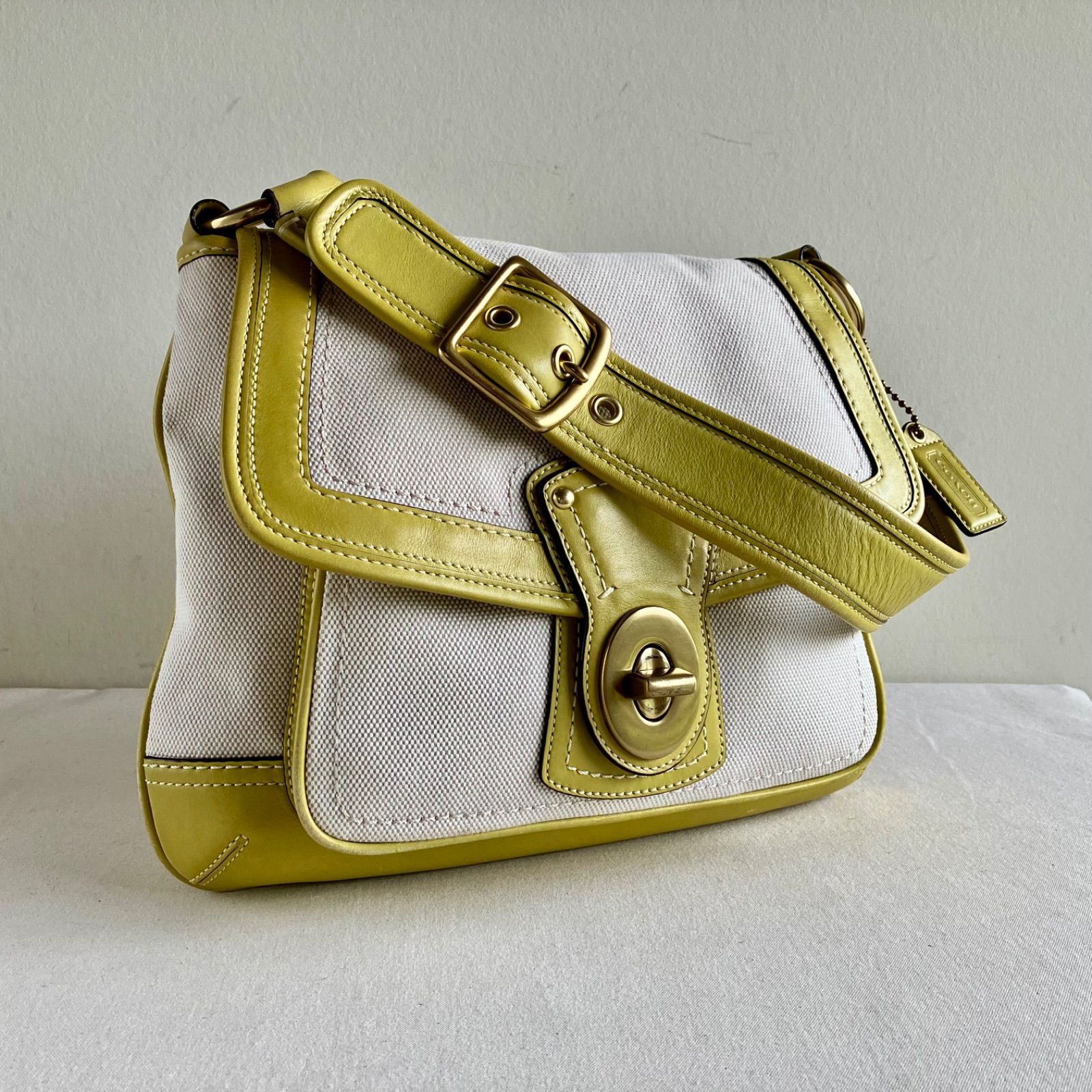 Coach Vintage y2k Ali Slim Legacy Canvas Lime Green Leather Trim 